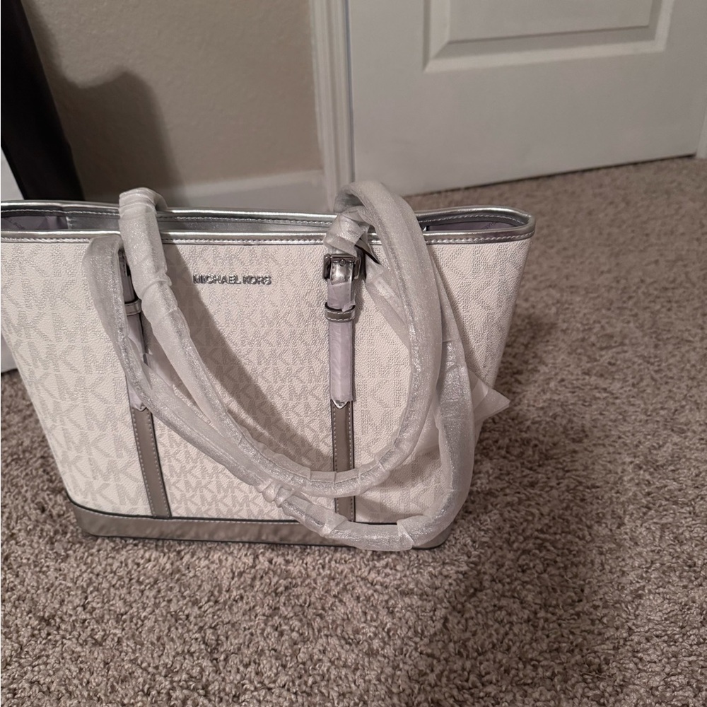 Michael Kors White and Silver Logo Tote